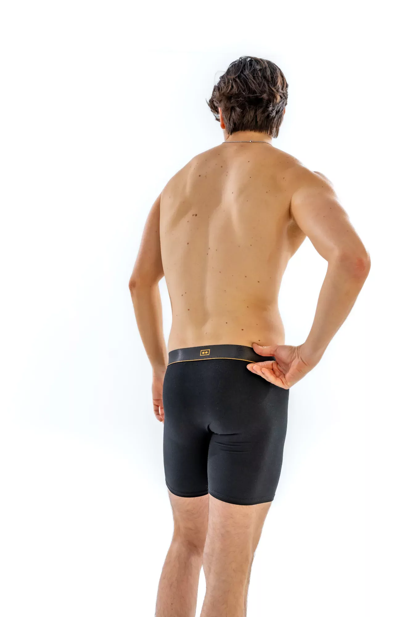 Close-up of the 6" Classic Boxer Brief in black, three-quarter back view