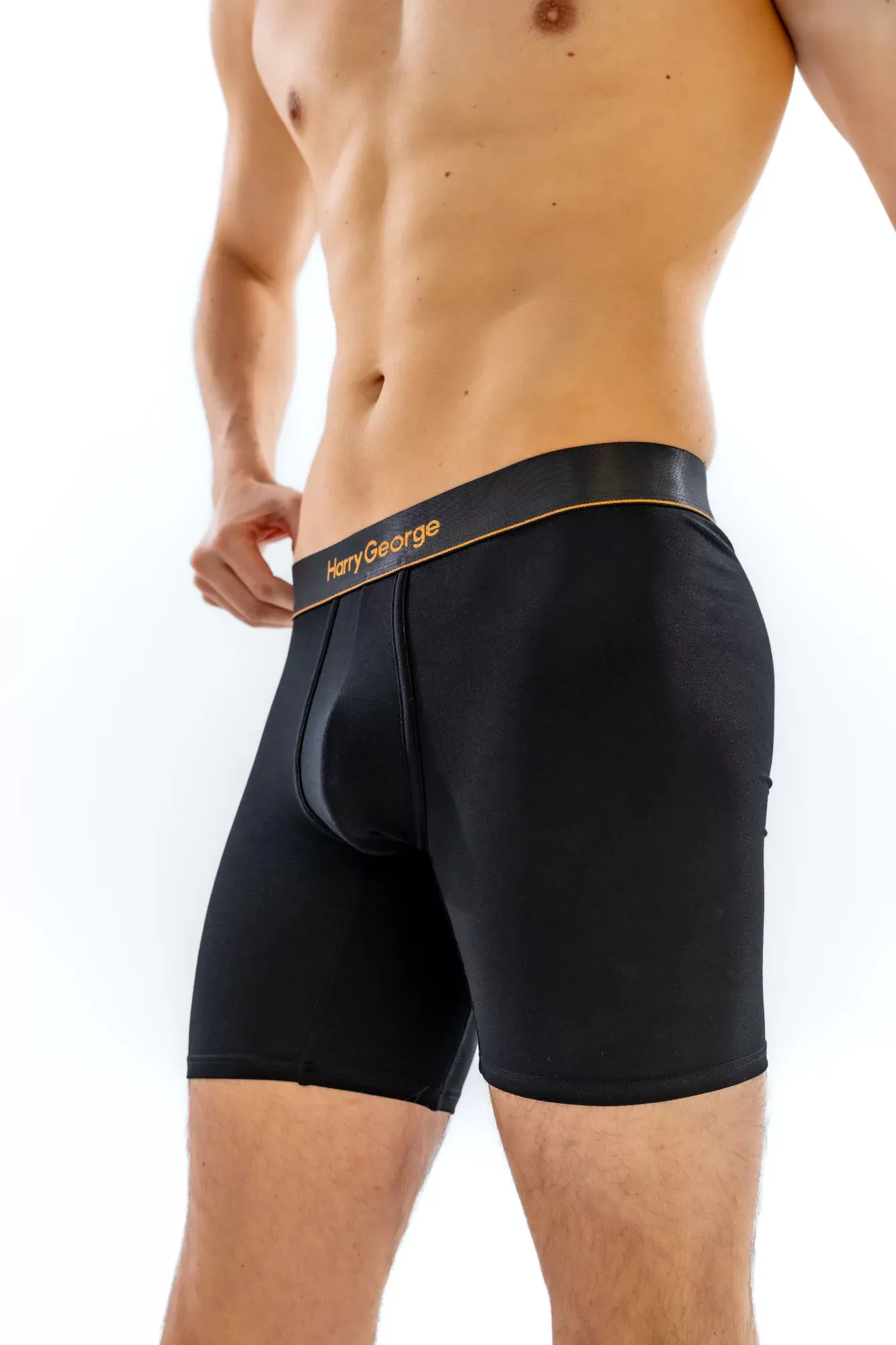Close-up of the 6" Classic Boxer Brief in black, three-quarter front view